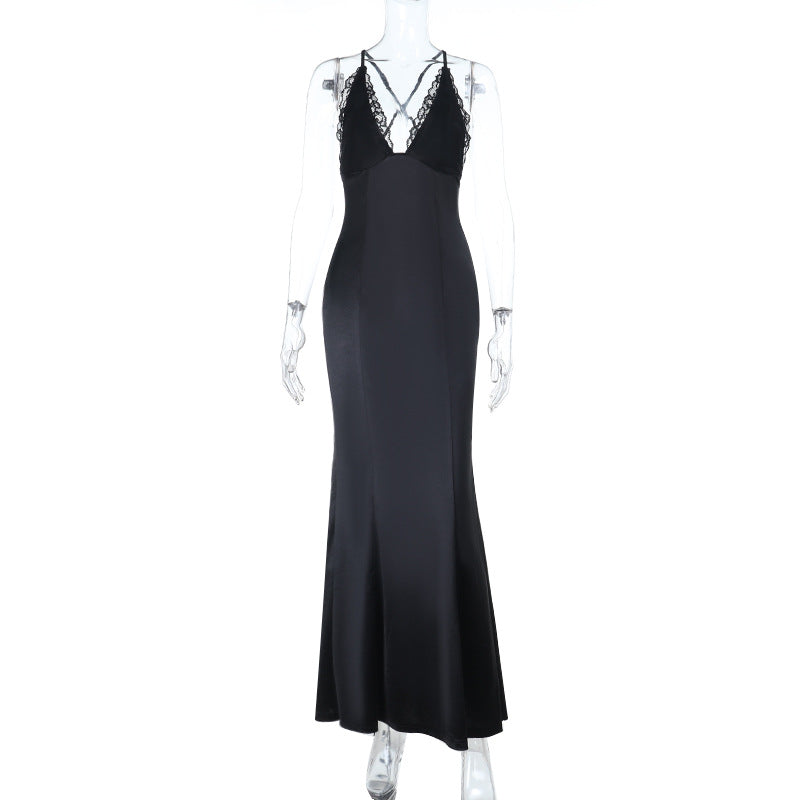 Damen elegantes langes Kleid mit verführerischem Spitzendetail und tiefem Ausschnitt Echo Archiv