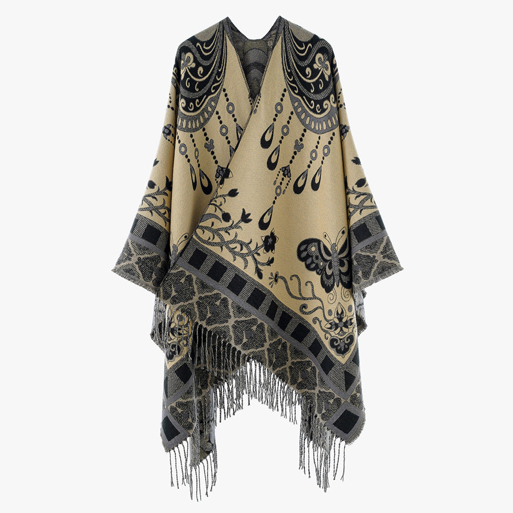 Damen Gewebter Kimono-Poncho mit Ornamentjacquard, V-Ausschnitt und Fransensaum – Avérine