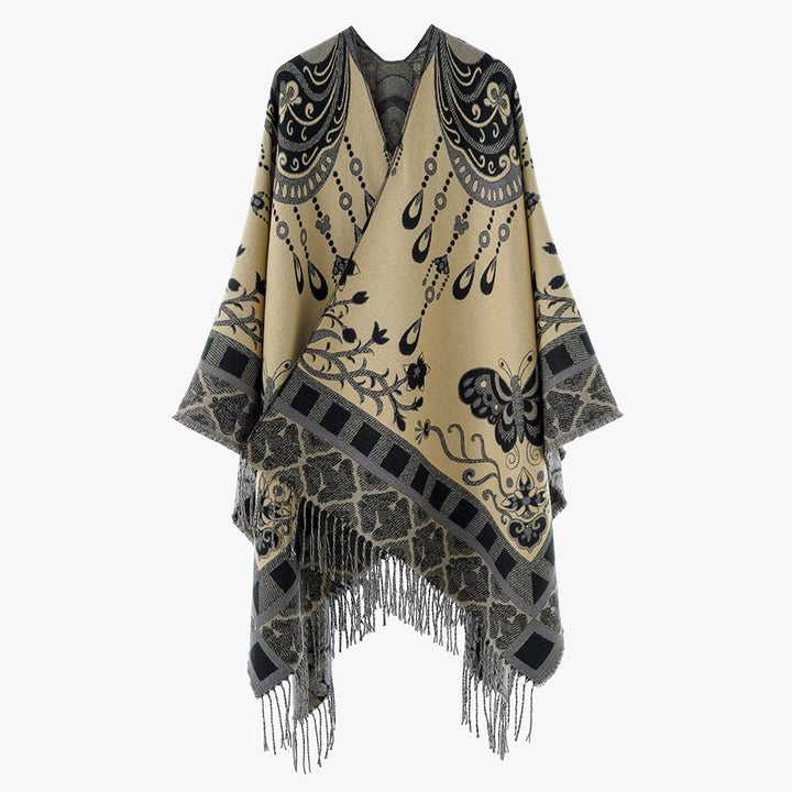 Damen Gewebter Kimono-Poncho mit Ornamentjacquard, V-Ausschnitt und Fransensaum – Avérine