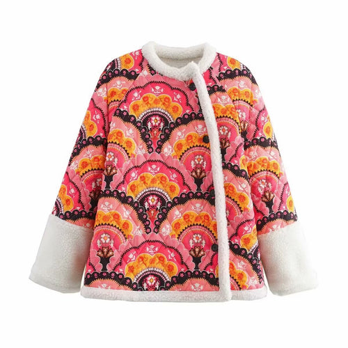 Damen gesteppte Jacke mit Teddyfutter und retro-inspiriertem Allover-Print Echo Archiv