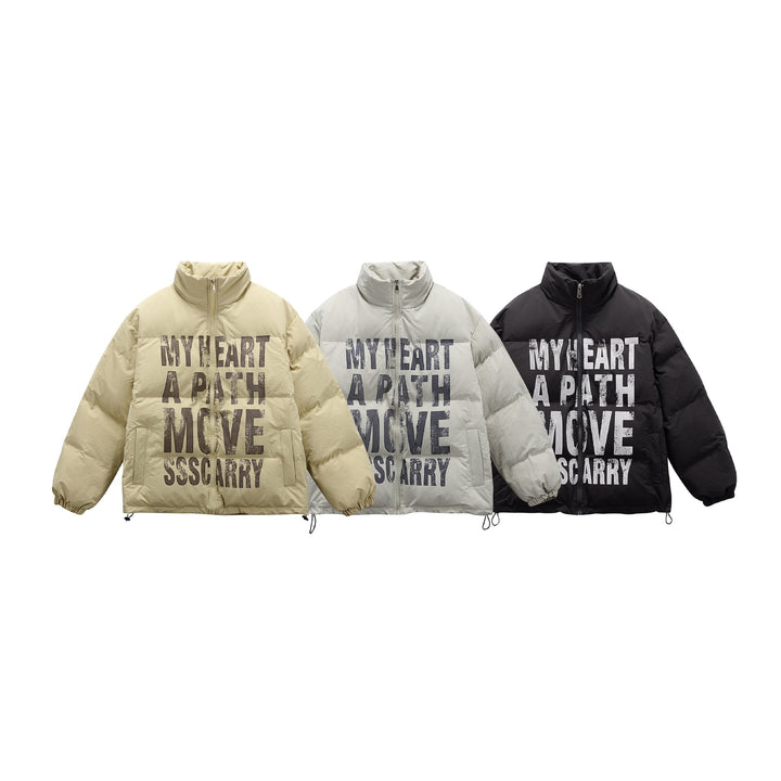 Unisex Oversize Steppjacke mit hohem Stehkragen und Statement-Print Echoarchiv