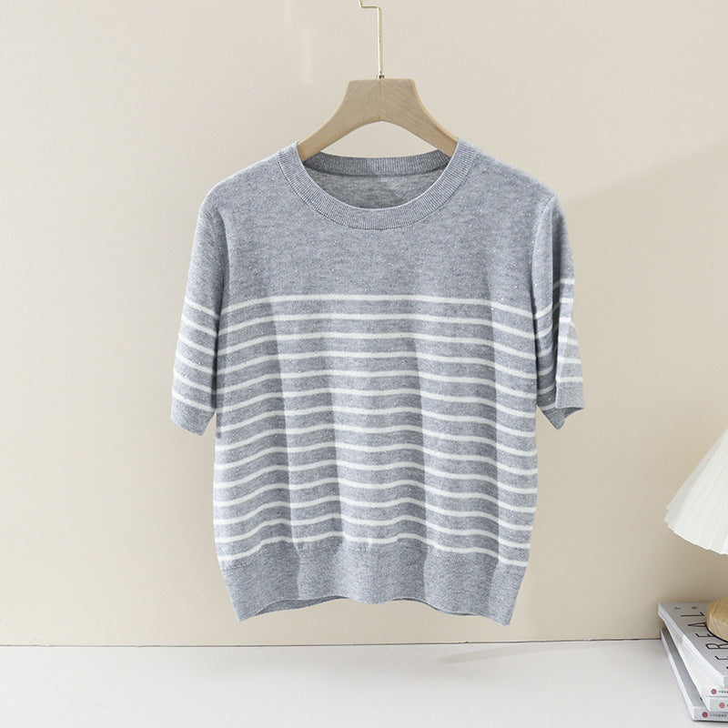 Damen Leichtes gestreiftes Feinstrickshirt mit Rundhalsausschnitt & kurzem Arm Echo Archiv