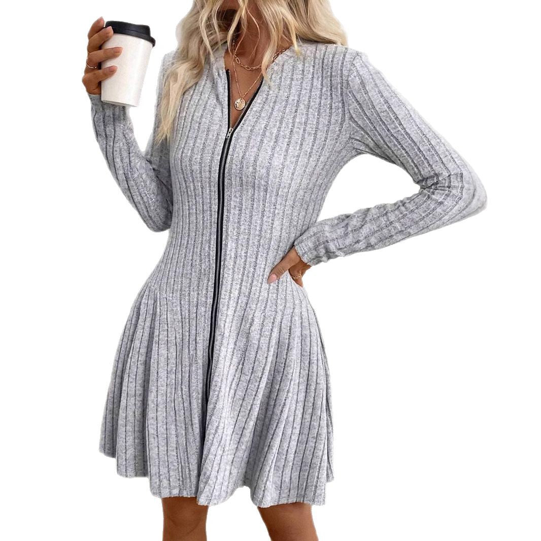 Damen Geripptes Strickkleid mit Frontreißverschluss und A-Linien-Silhouette – Avérine
