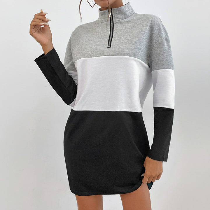 Damen Colorblock-Kurzkleid mit Stehkragen und Halbreißverschluss – Élara