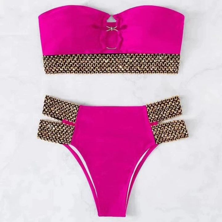 Damen Bandeau-Bikini mit goldenen Akzenten und hohem Taillenschnitt Echo Archiv