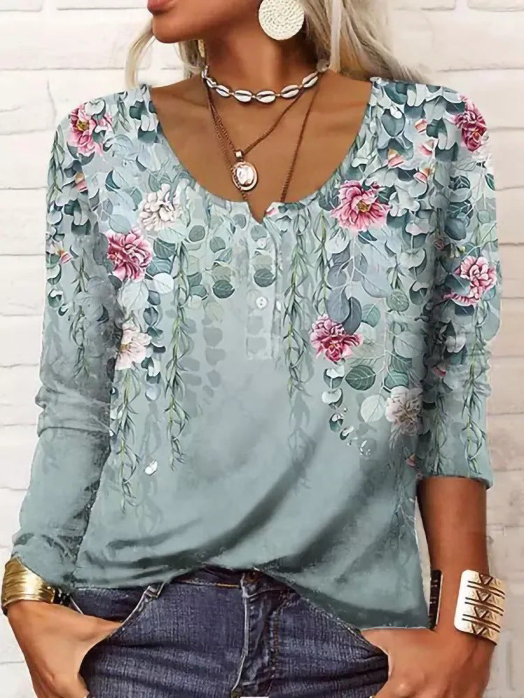 Damen Boho-Tunika mit floralen Hängeranken, V-Ausschnitt und dreiviertelärmeln – Avérine