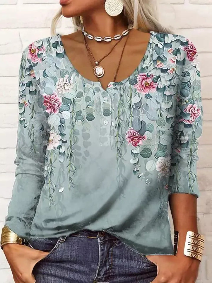Damen Boho-Tunika mit floralen Hängeranken, V-Ausschnitt und dreiviertelärmeln – Avérine