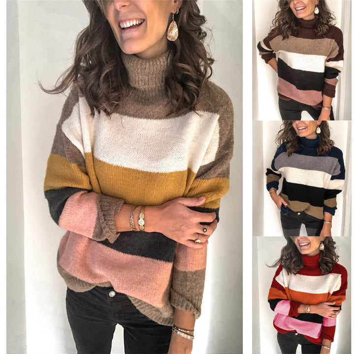 Damen Oversize Rollkragenpullover mit breiten Blockstreifen und weichem Strick Echoarchiv