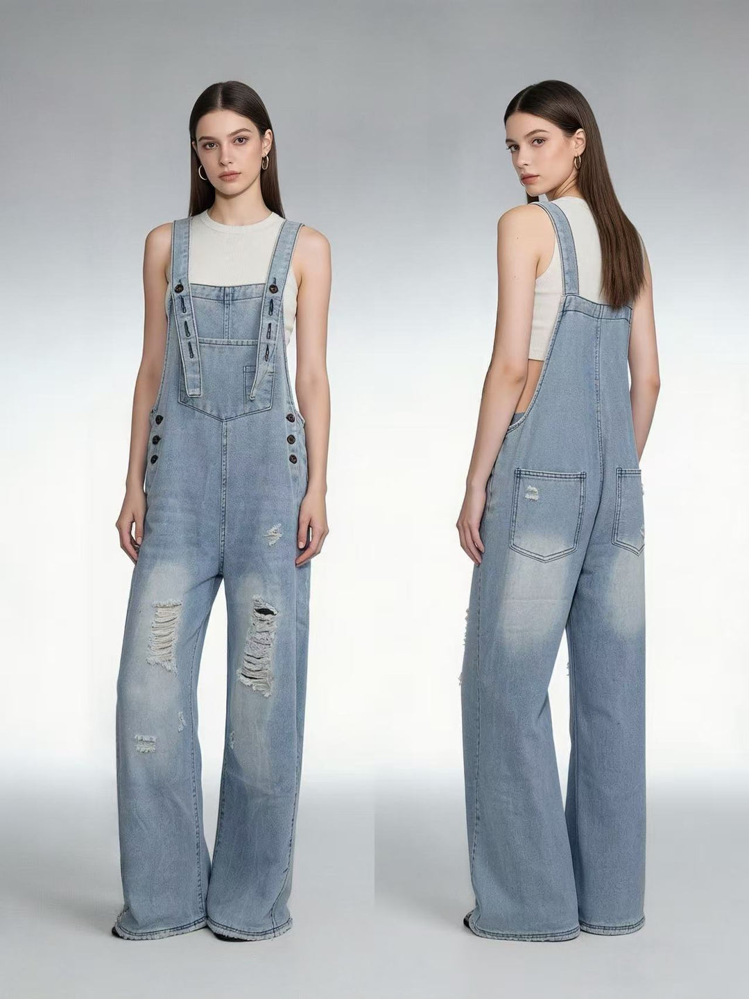 Damen nan moderne Baggy-Latzhose aus pigmentgefärbtem Stretch-Denim mit verstellbaren Trägern und sichtbaren Rissen Echo Archiv