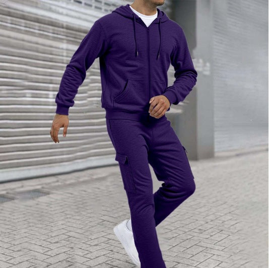 Herren athletischer Zip-Sweatset mit Cargo-Jogginghose, ergonomischen Nähten und gerippten Bündchen – Cavarno