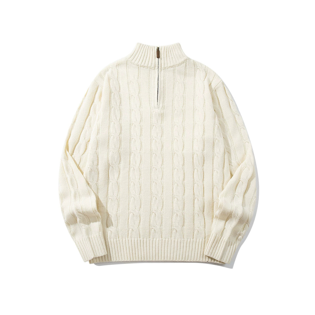 Unisex Zopfmuster-Halbzip-Pullover mit hohem Rippkragen und Oversize-Schnitt Echoarchiv