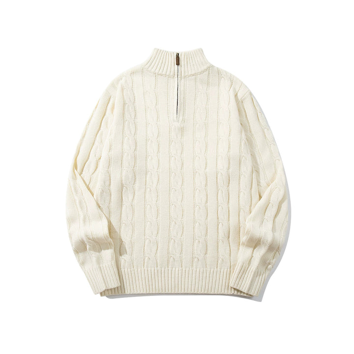 Unisex Zopfmuster-Halbzip-Pullover mit hohem Rippkragen und Oversize-Schnitt Echoarchiv