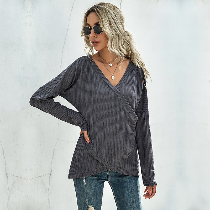Damen Waffelstrick‑Wickelshirt mit V-Ausschnitt und langer Oversize-Ärmelpassform – Mavelle