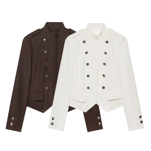 Damen Kurze militärisch-inspirierte Doppelreihige Jacke mit Stehkragen und Pattentaschen Echoarchiv