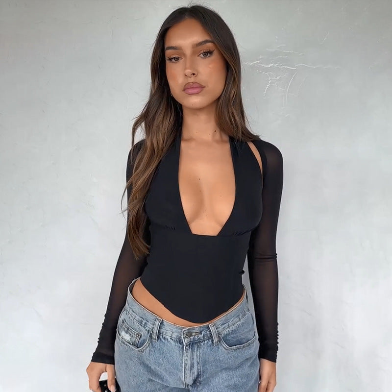 Damen Hochgeschlossenes Crop-Top mit transparenten Ärmeln Echo Archiv