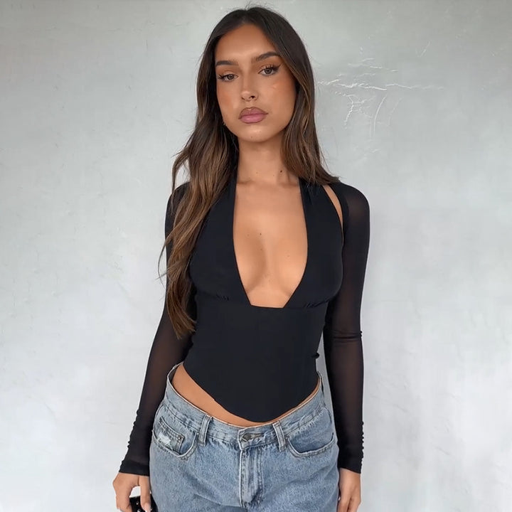 Damen Hochgeschlossenes Crop-Top mit transparenten Ärmeln Echo Archiv
