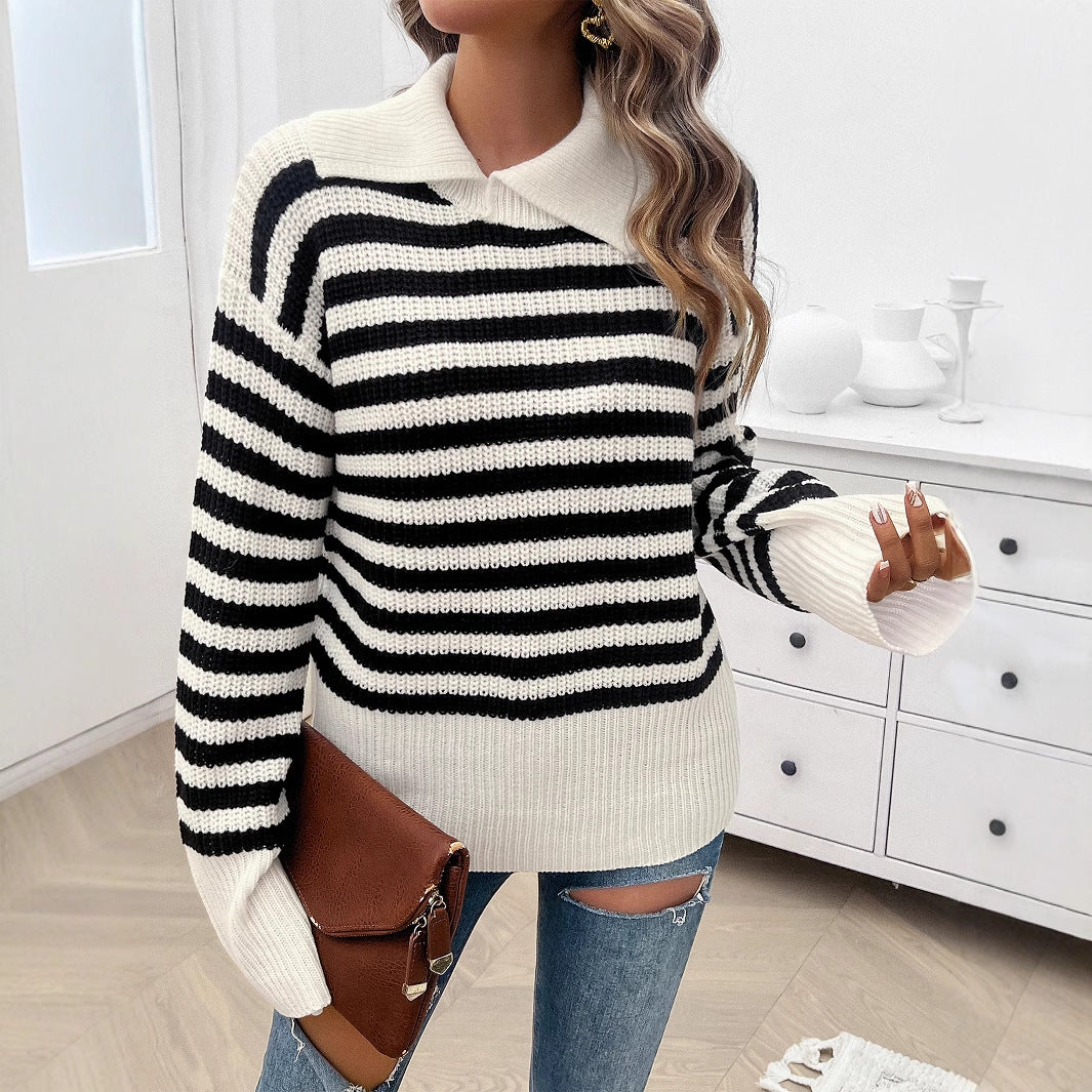 Damen nan gestreifter Polokragen-Strickpullover mit weitem Saum und ausgestellten Bündchen Echo Archiv