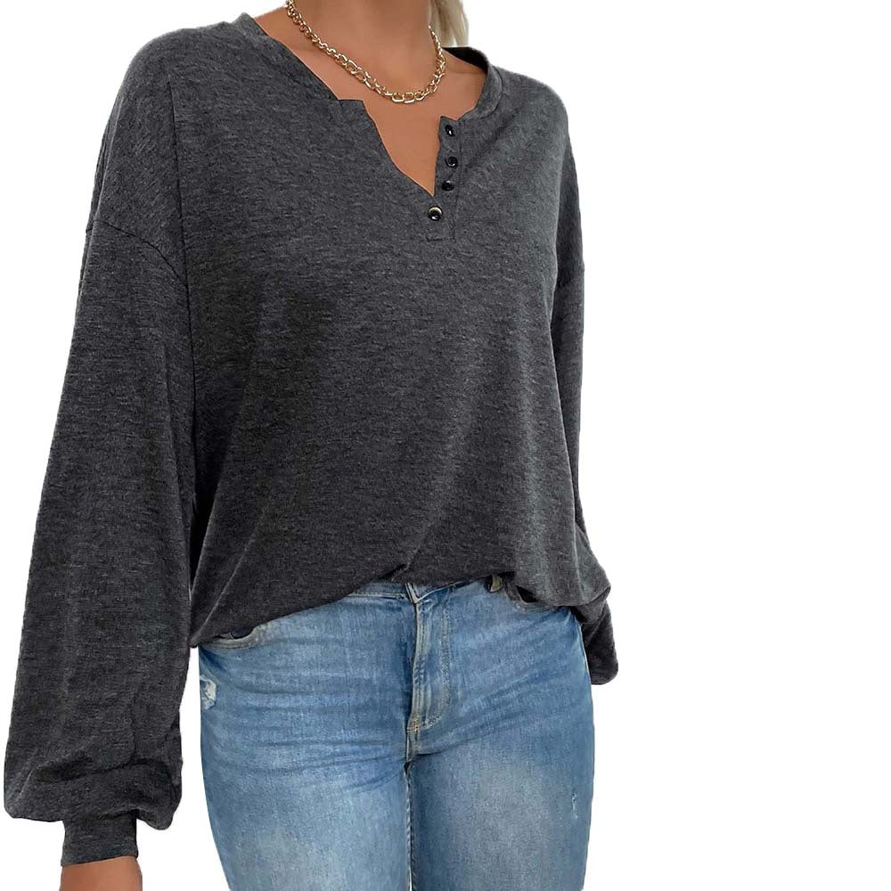 Damen lässiges Oversize-Henley-Longsleeve mit V-Knopfleiste und Ballonärmeln – Avérine
