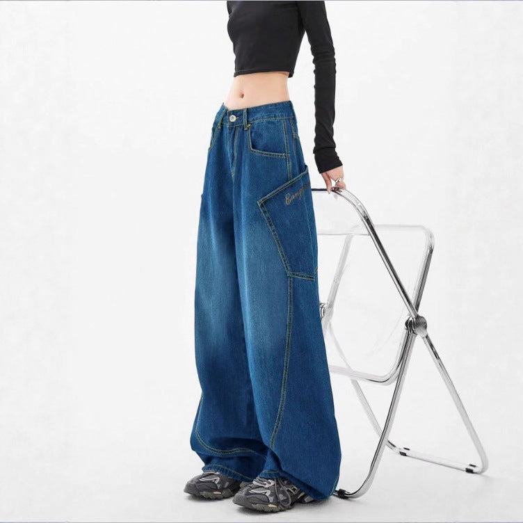 Damen Weite High-Waist Balloon-Jeans mit Utility-Taschen und kontrastierenden Nähten Echo Archiv