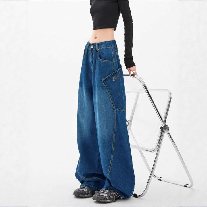 Damen Weite High-Waist Balloon-Jeans mit Utility-Taschen und kontrastierenden Nähten Echo Archiv