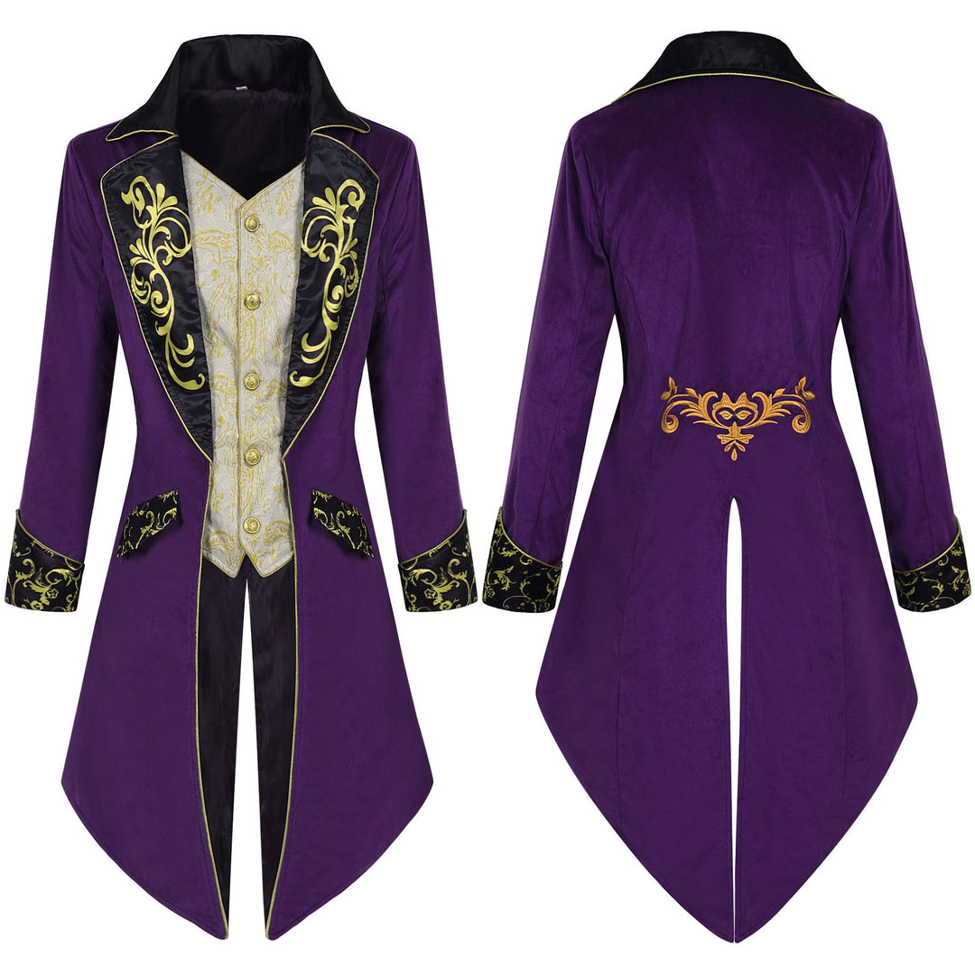 Herren eleganter Frackmantel im Barockstil mit goldbesticktem Revers und geteiltem Schwalbenschwanz – Montaro