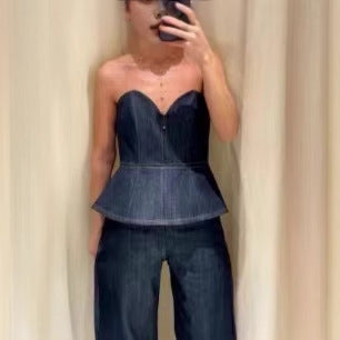 Damen 30+ dreiteiliges Denim-Set: taillierter Blazer, Taillen-Corsage & High-Waist-Jeans Echo Archiv