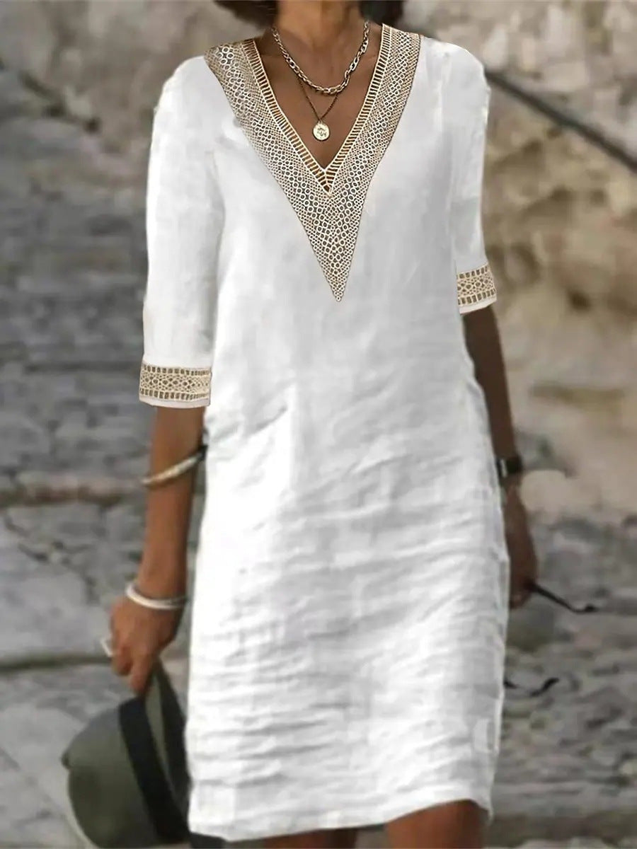 Damen Leinenlook Midi Kleid mit gehäkeltem V-Ausschnitt und 3/4 Ärmeln Echoarchiv