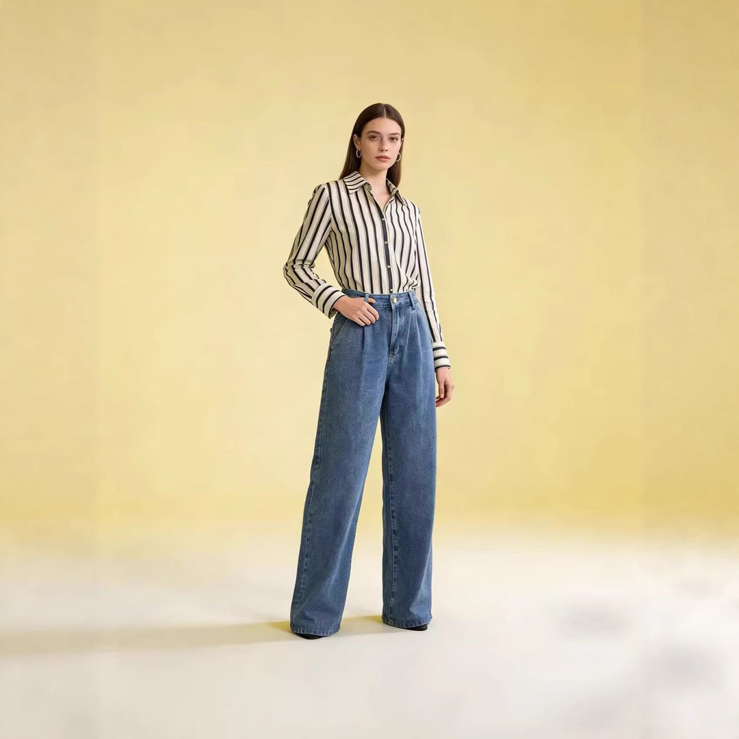Damen nan hochgeschnittene Bundfalten-Weitbein-Jeans mit hohem Bund und Gürtelschlaufen Echo Archiv