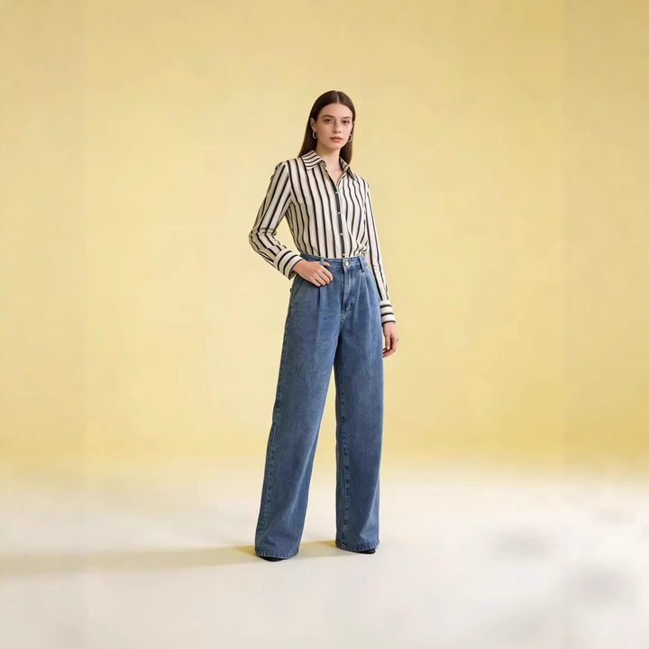 Damen nan hochgeschnittene Bundfalten-Weitbein-Jeans mit hohem Bund und Gürtelschlaufen Echo Archiv