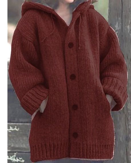 Damen weit geschnittener Kapuzen-Strickmantel mit Knopfleiste und Eingrifftaschen Echo Archiv