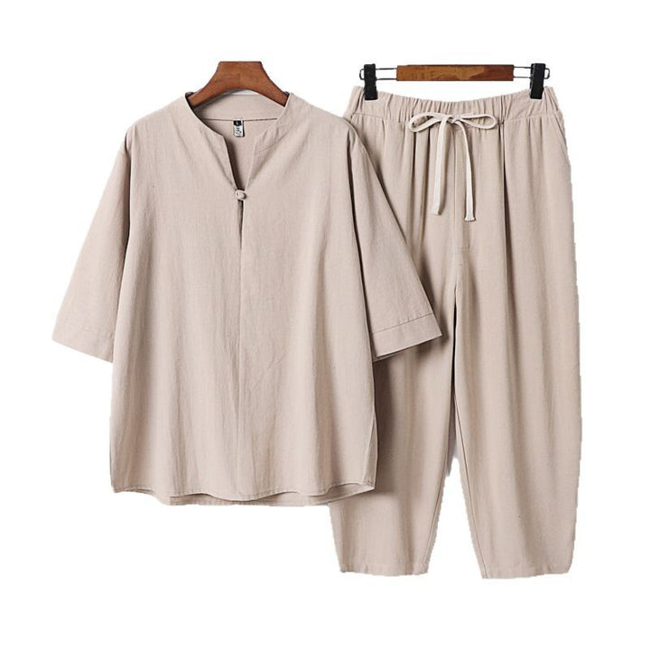Damen Leichtes Leinen-Baumwoll-Loungewear-Set mit Stehkragen, Dreiviertelärmeln und Gummizugbundhose Echoarchiv
