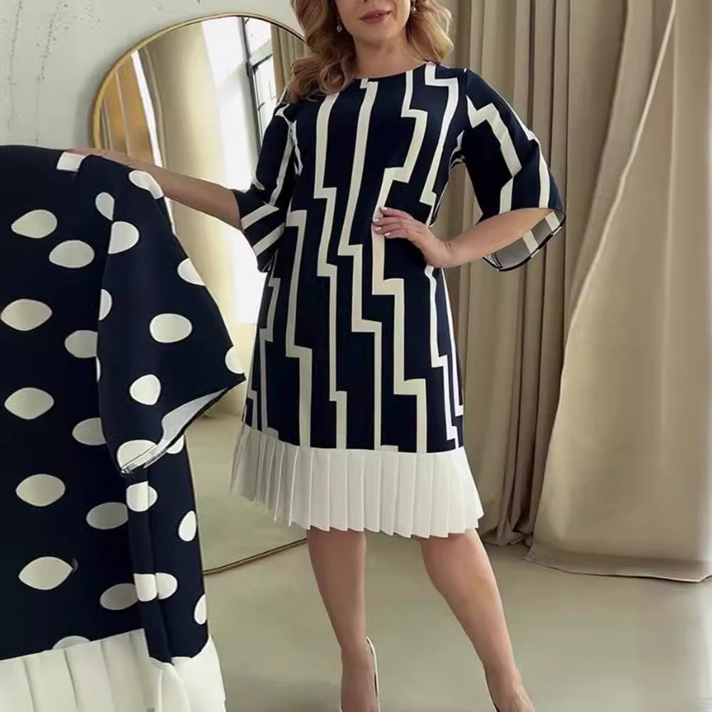 Damen nan grafisches A-Linienkleid mit plissiertem Saum und dreiviertelärmeln Echo Archiv