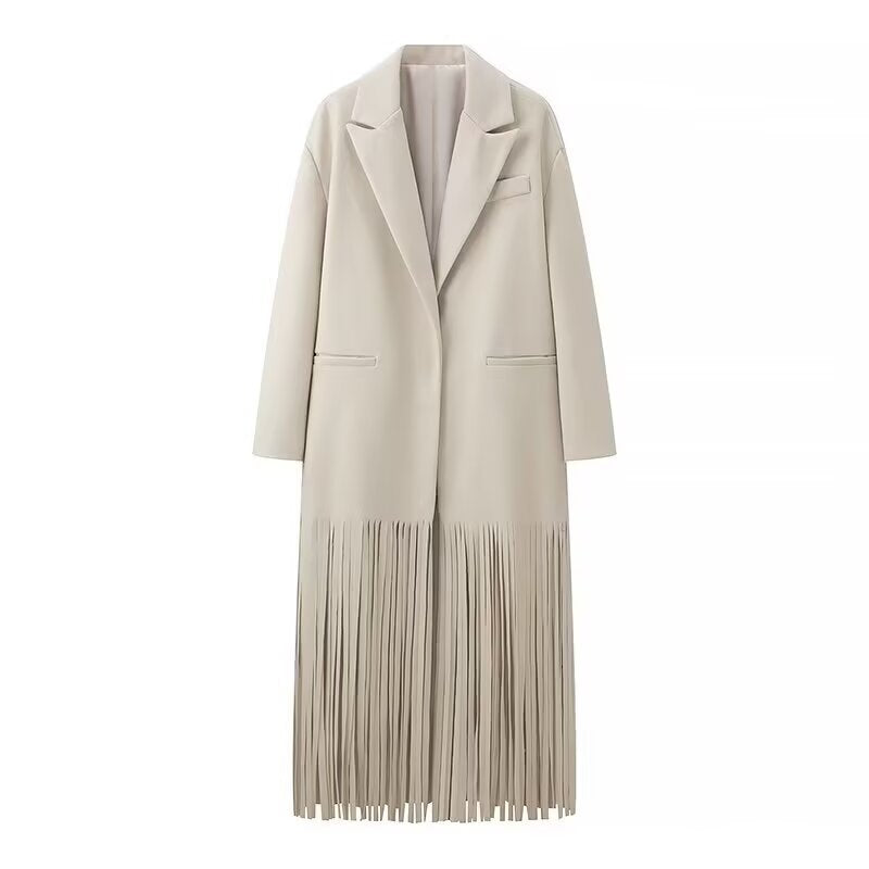 Damen Langmantel mit langem Fransen‑Saum, kastiger Oversize‑Silhouette und Reverskragen Echo Archiv