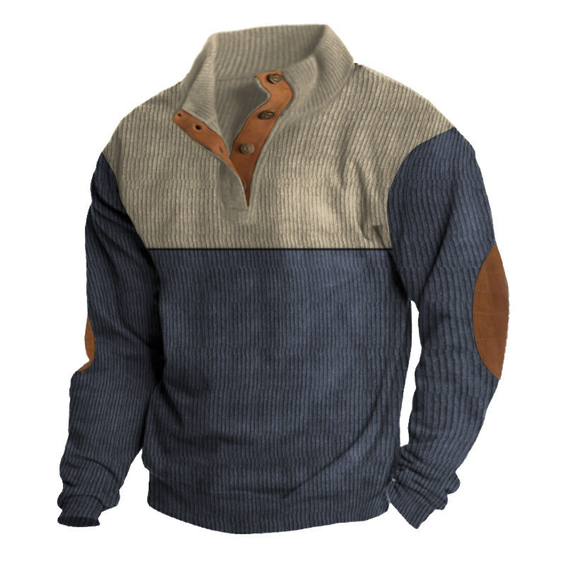 Herren nan gerippter Pullover mit Stehkragen, Knopfleiste und Ellbogen-Patches Echo Archiv