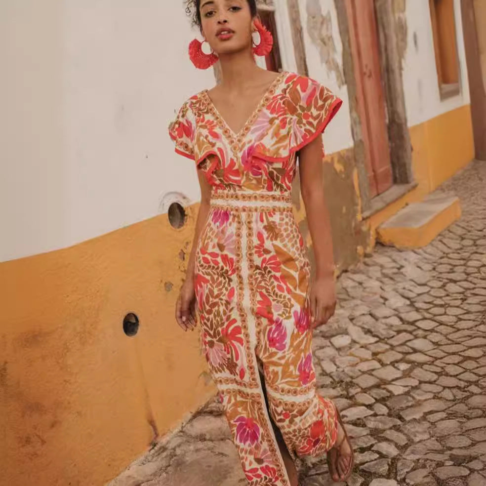 Damen Maxikleid mit farbenfrohem floralem Muster und Volantärmel Echo Archiv