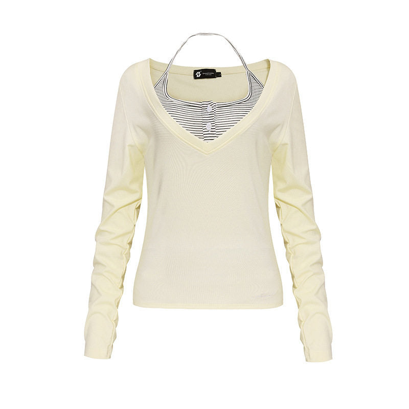 Damen Langarm-Shirt mit doppeltem Layer‑Effekt, tiefem V‑Ausschnitt und gestreiftem Einsatz Echoarchiv