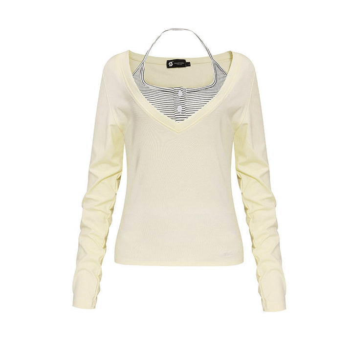 Damen Langarm-Shirt mit doppeltem Layer‑Effekt, tiefem V‑Ausschnitt und gestreiftem Einsatz Echoarchiv