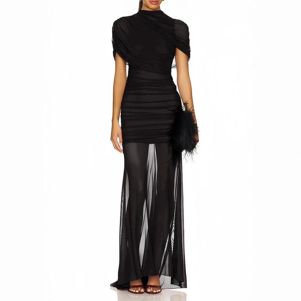Damen Elegantes Cocktailkleid mit gerafftem Design und transparenter Schicht Echo Archiv