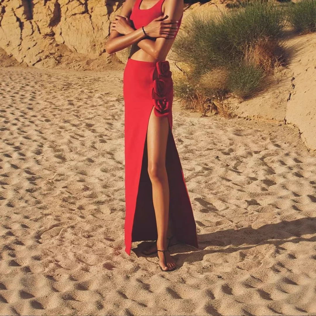 Damen eleganter, figurbetonter Rock mit Blumenapplikationen und seitlichem Schlitz Echo Archiv