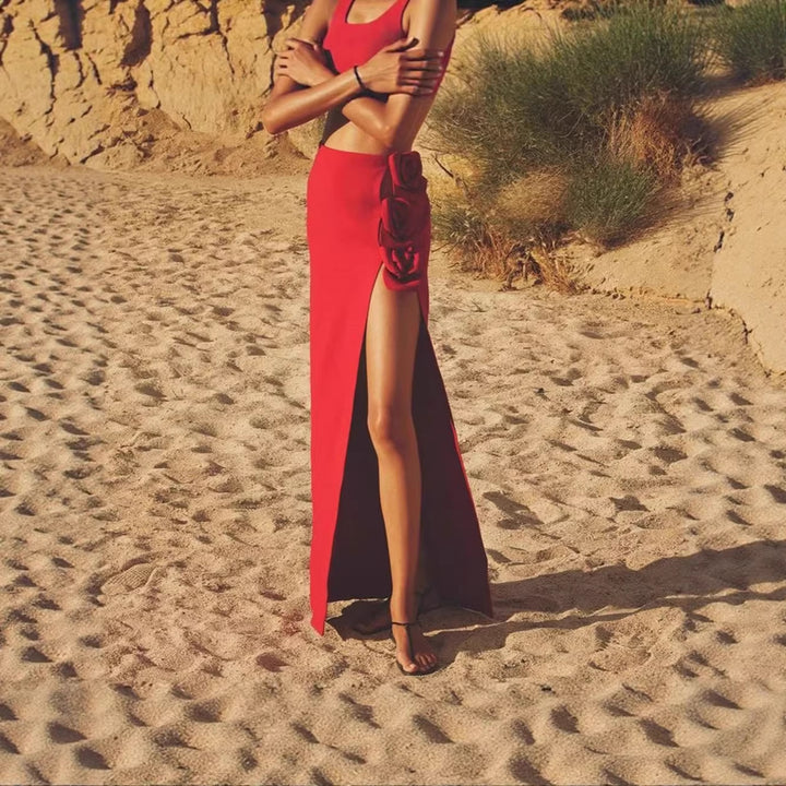 Damen eleganter, figurbetonter Rock mit Blumenapplikationen und seitlichem Schlitz Echo Archiv