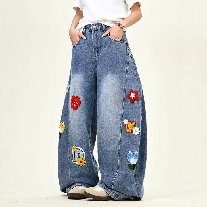 Damen Weitgeschnittene Blumen-Applikationen Jeans Echoarchiv