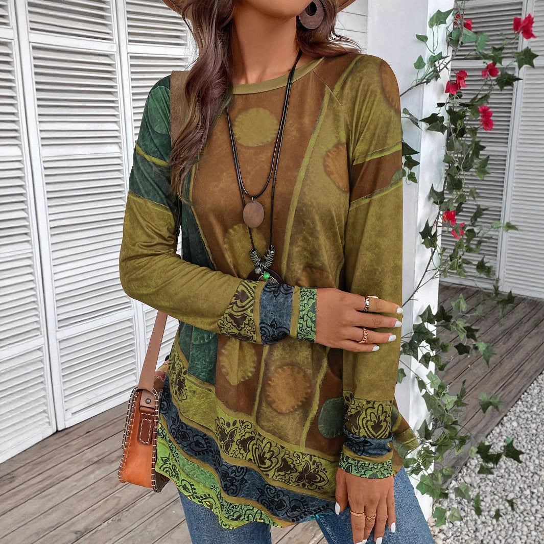 Damen Langarmshirt mit Boho-Print und Patchwork-Ärmeln – Avérine