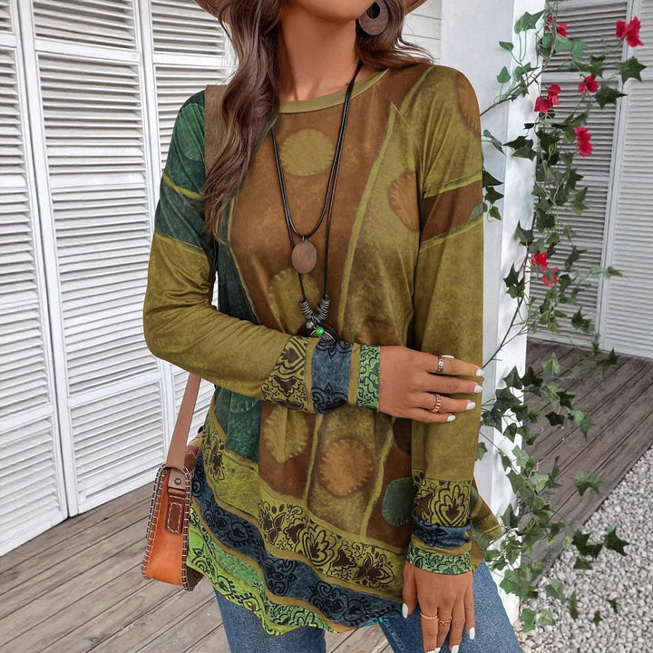 Damen Langarmshirt mit Boho-Print und Patchwork-Ärmeln – Avérine