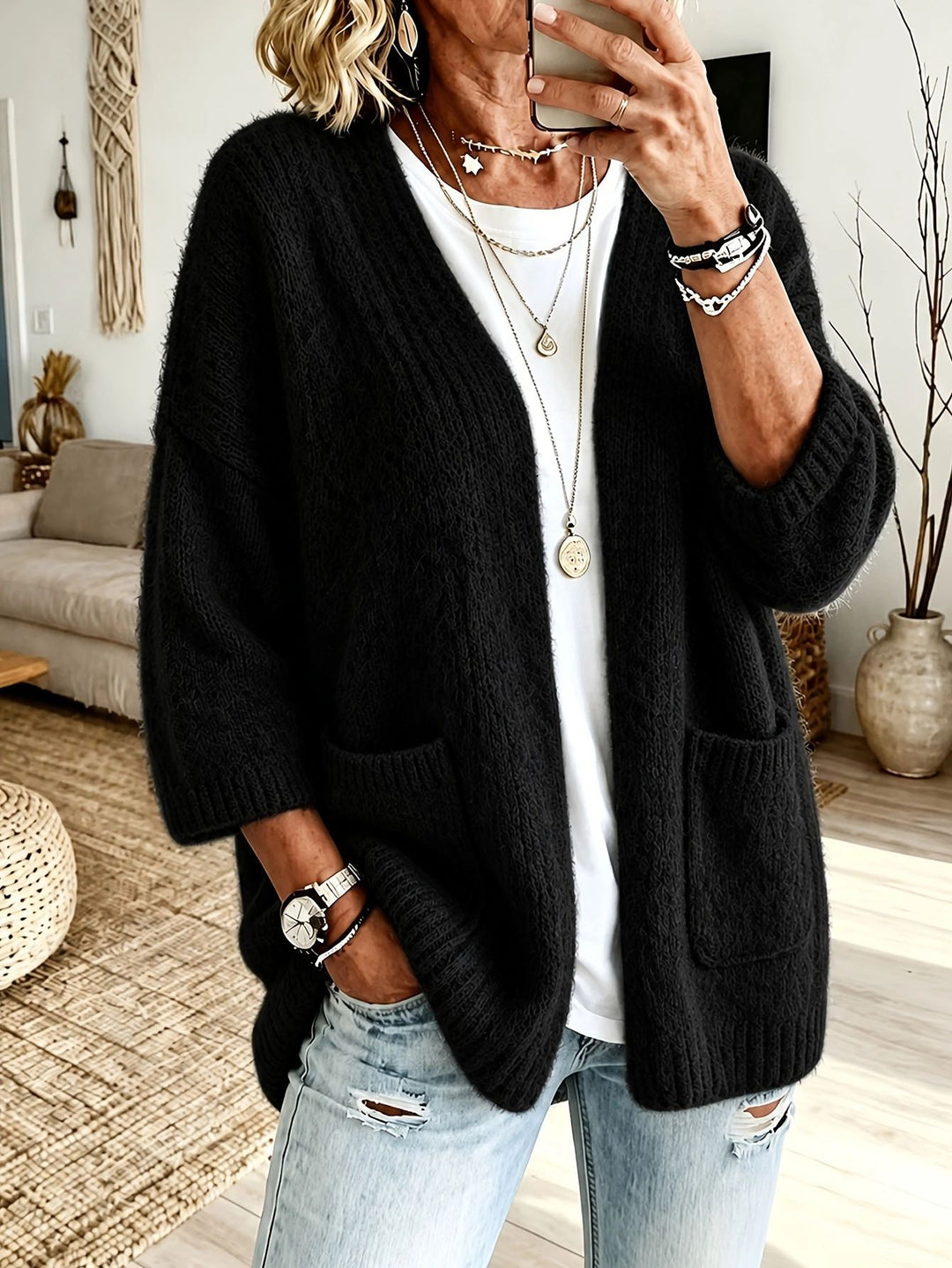 Damen Offener Longcardigan im Mohair-Look mit aufgesetzten Taschen und überschnittener Schulter – Veloura
