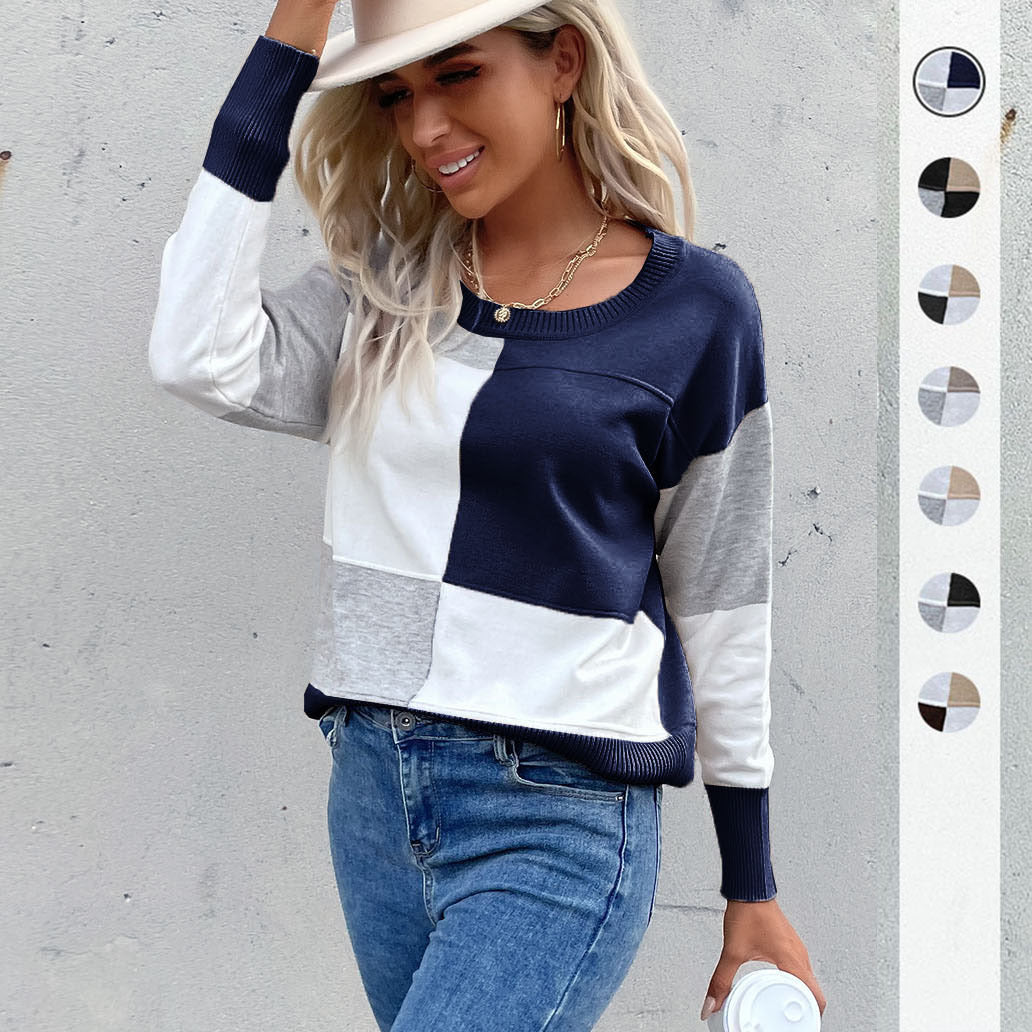Damen Legerer Feinstrick-Pullover im Blockkaro mit geripptem Saum und lässiger Passform Echoarchiv