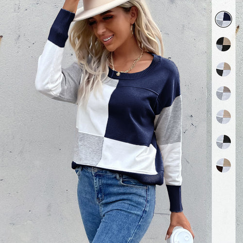 Damen Legerer Feinstrick-Pullover im Blockkaro mit geripptem Saum und lässiger Passform Echoarchiv