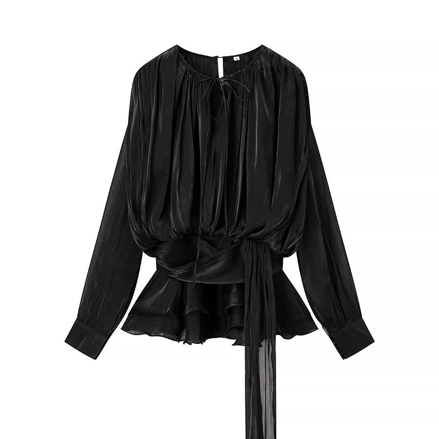 Damen Chiffon-Bluse mit drapierter Korsagen-Optik, Volant‑Peplum und Bindegürtel Echo Archiv