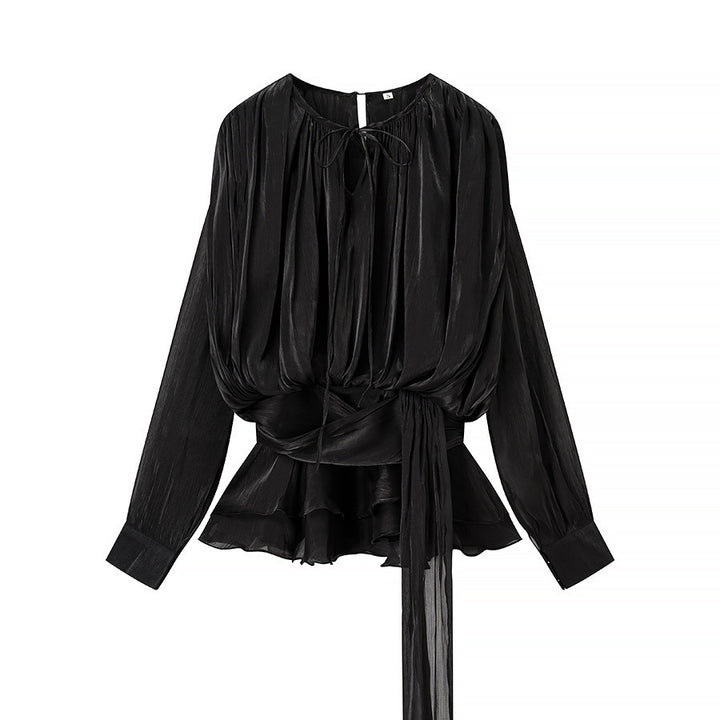 Damen Chiffon-Bluse mit drapierter Korsagen-Optik, Volant‑Peplum und Bindegürtel Echo Archiv