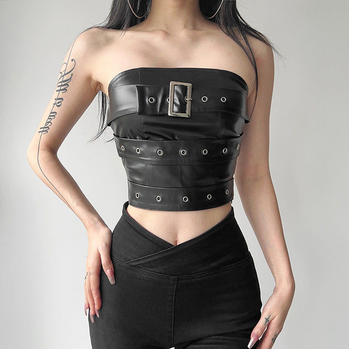 Damen Couture Oberteil aus Leder mit dekorativen Schnallen und Ösen Echo Archiv