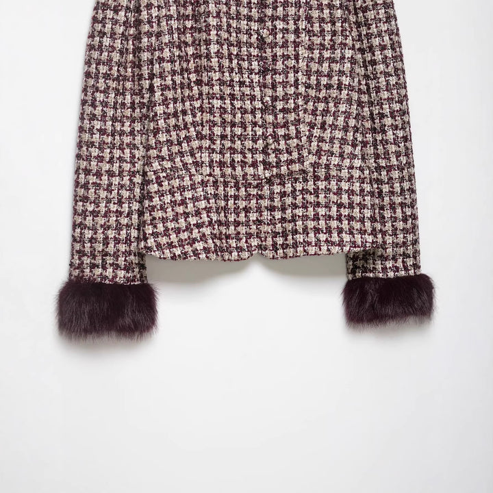 Damen Kurz geschnittene Bouclé‑Tweedjacke mit Stehkragen und Kunstfellmanschetten Echoarchiv